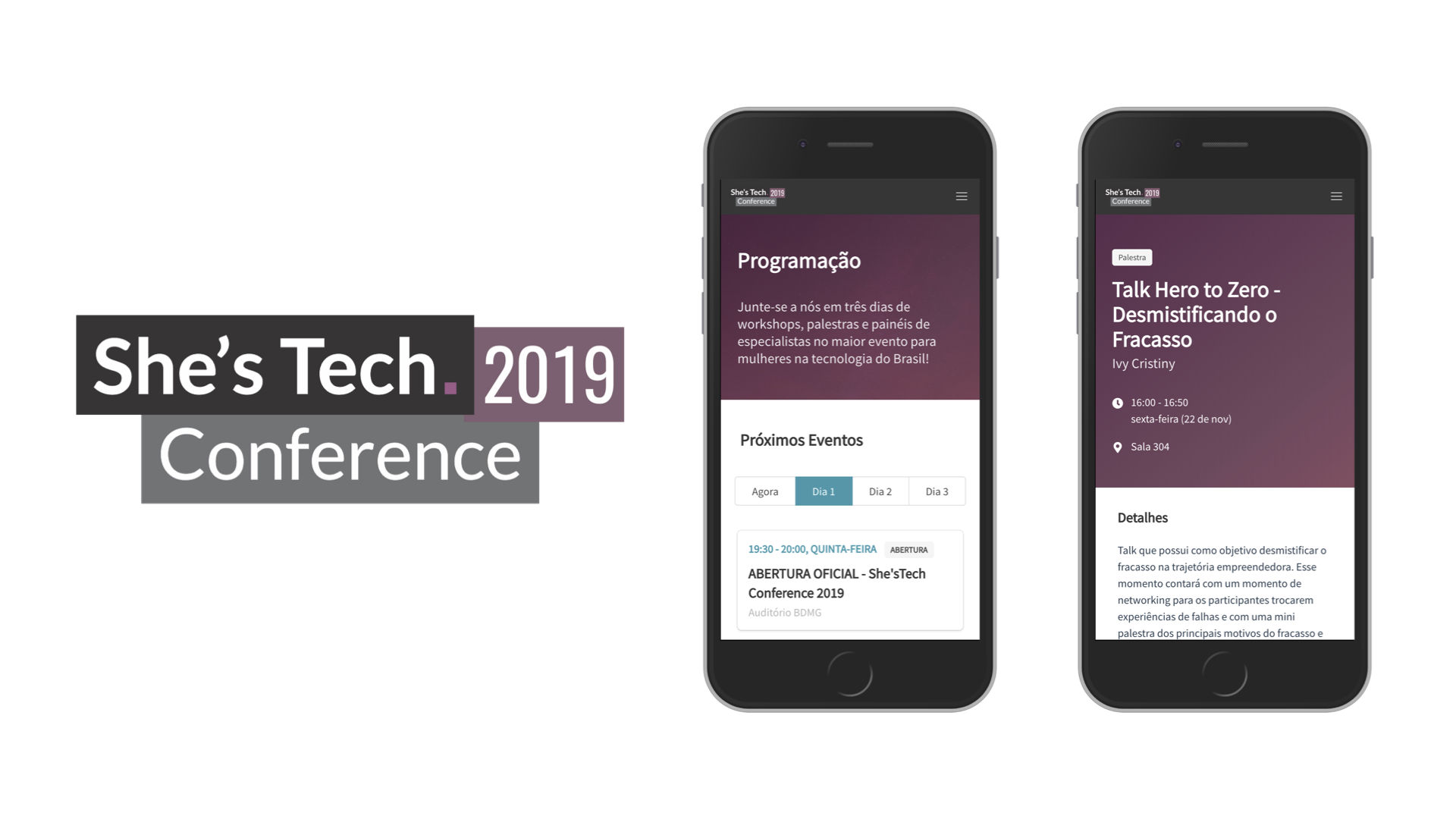 Logotipo da She'sTech Conference acompanhado de dois celulares exibindo algumas telas da aplicação